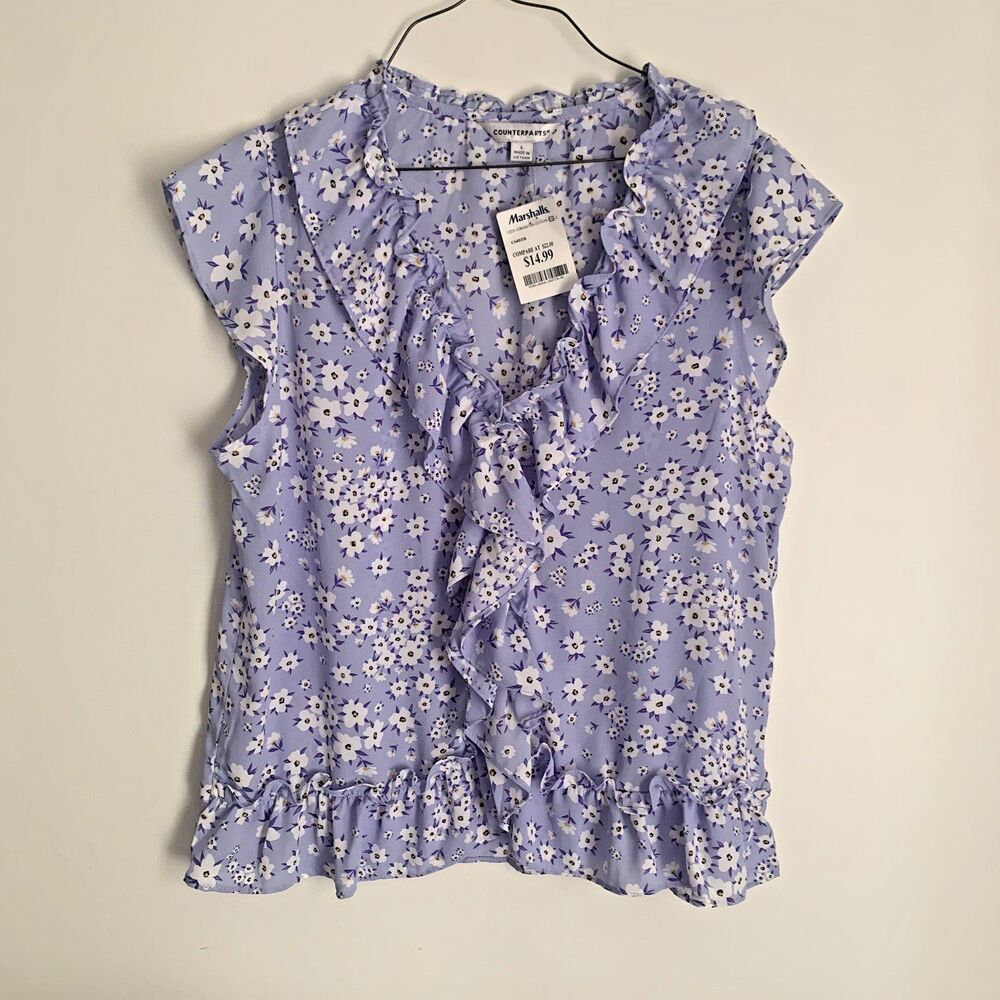 Counterparts Women's Lilac Floral Blouse Ruffle Front Size L NWT